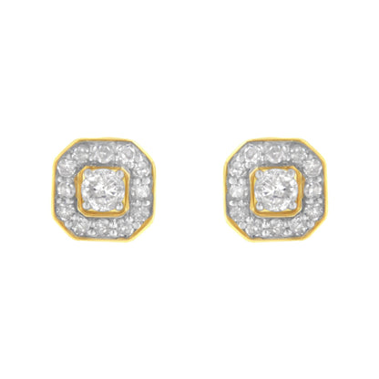 Front view of yellow metal earrings with a central round white gemstone in prong setting surrounded by smaller round white gemstones in pave setting.