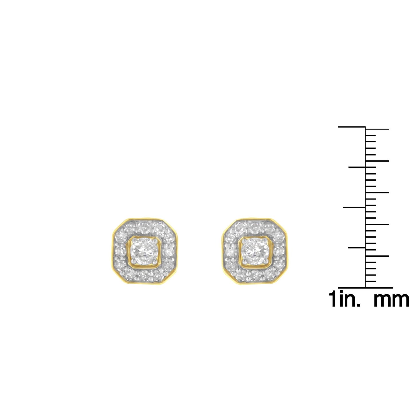 Front view of yellow metal square-shaped stud earrings with a central round prong-set white gemstone surrounded by smaller round pave-set white gemstones, shown next to a ruler for size reference.
