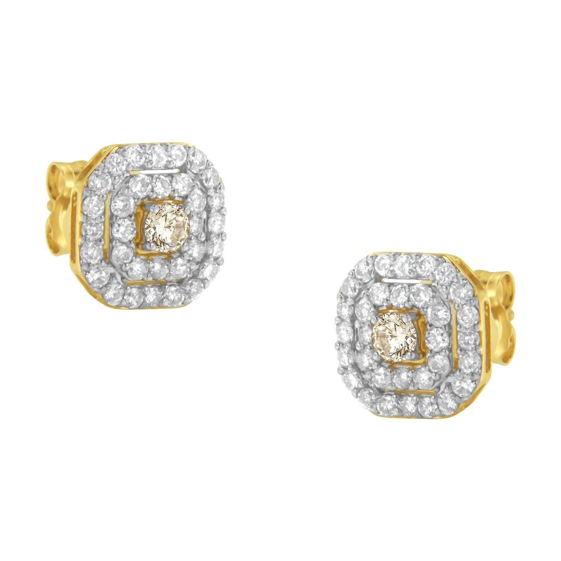 Front angle view of yellow metal stud earrings with a central round white gemstone in prong setting, surrounded by two rows of smaller round white gemstones in pave setting.