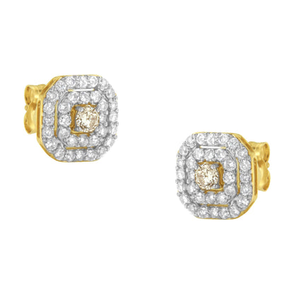 Front angle view of yellow metal stud earrings with a central round white gemstone in prong setting, surrounded by two rows of smaller round white gemstones in pave setting.