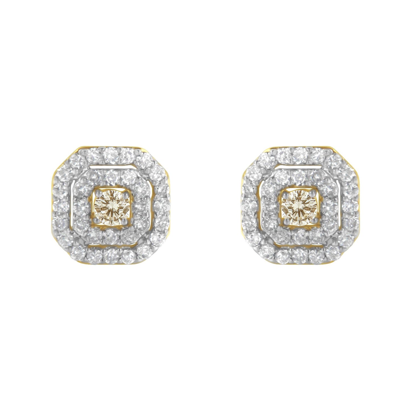 Front view of yellow metal stud earrings with a central round white gemstone in prong setting, surrounded by two square halos of smaller round white gemstones in pave setting.