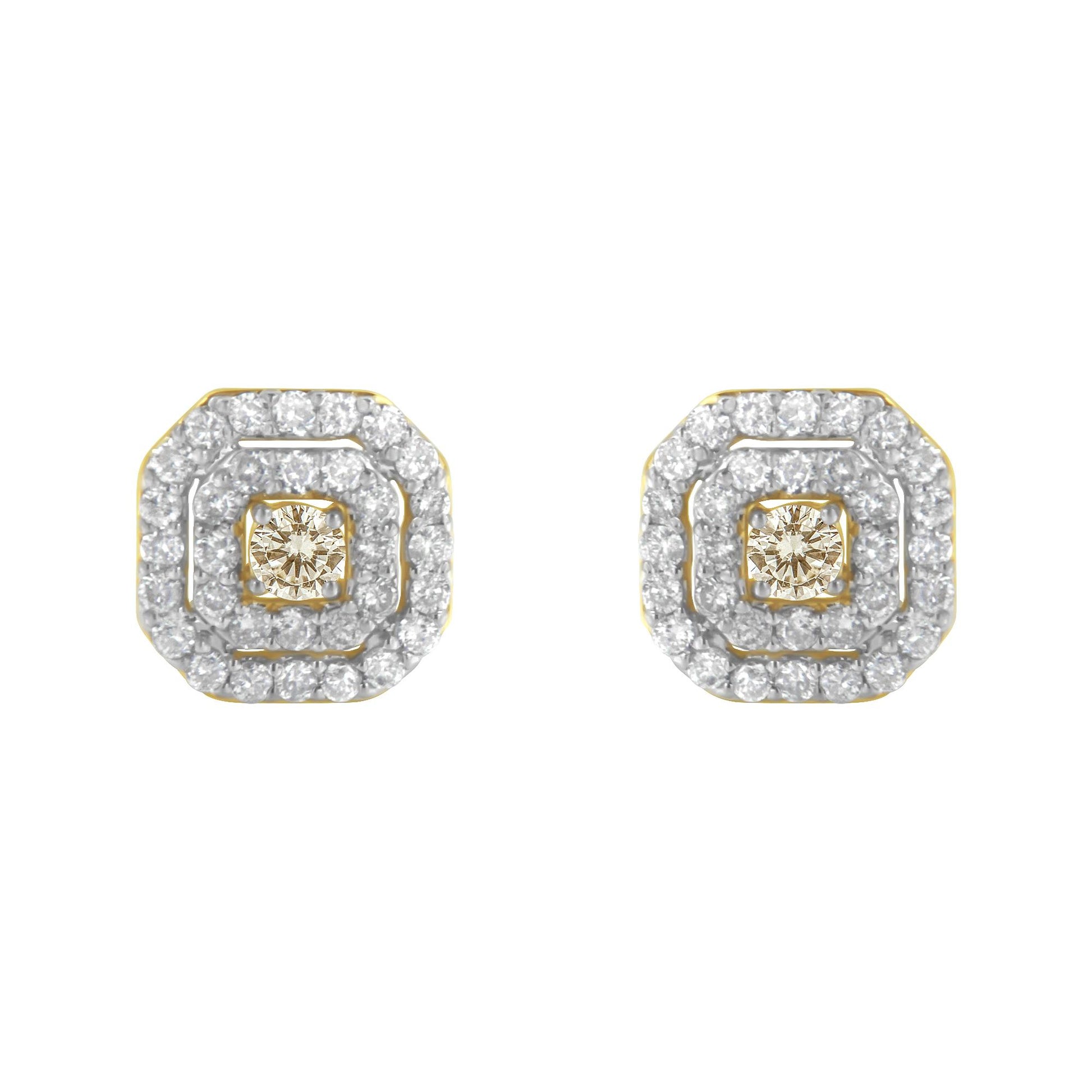 Front view of yellow metal stud earrings with a central round white gemstone in prong setting, surrounded by two square halos of smaller round white gemstones in pave setting.