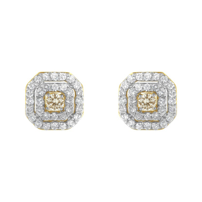 Front view of yellow metal stud earrings with a central round white gemstone in prong setting, surrounded by two square halos of smaller round white gemstones in pave setting.