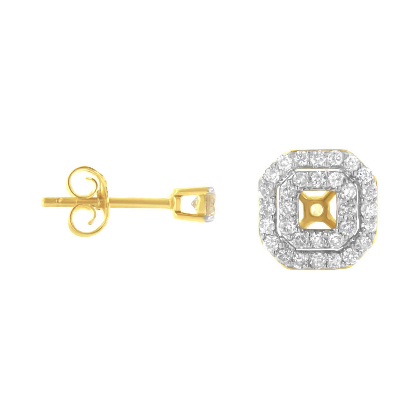 Yellow metal stud earrings with two round white gemstones in prong settings surrounded by multiple small round white gemstones in pave settings, shown from front and side angles.