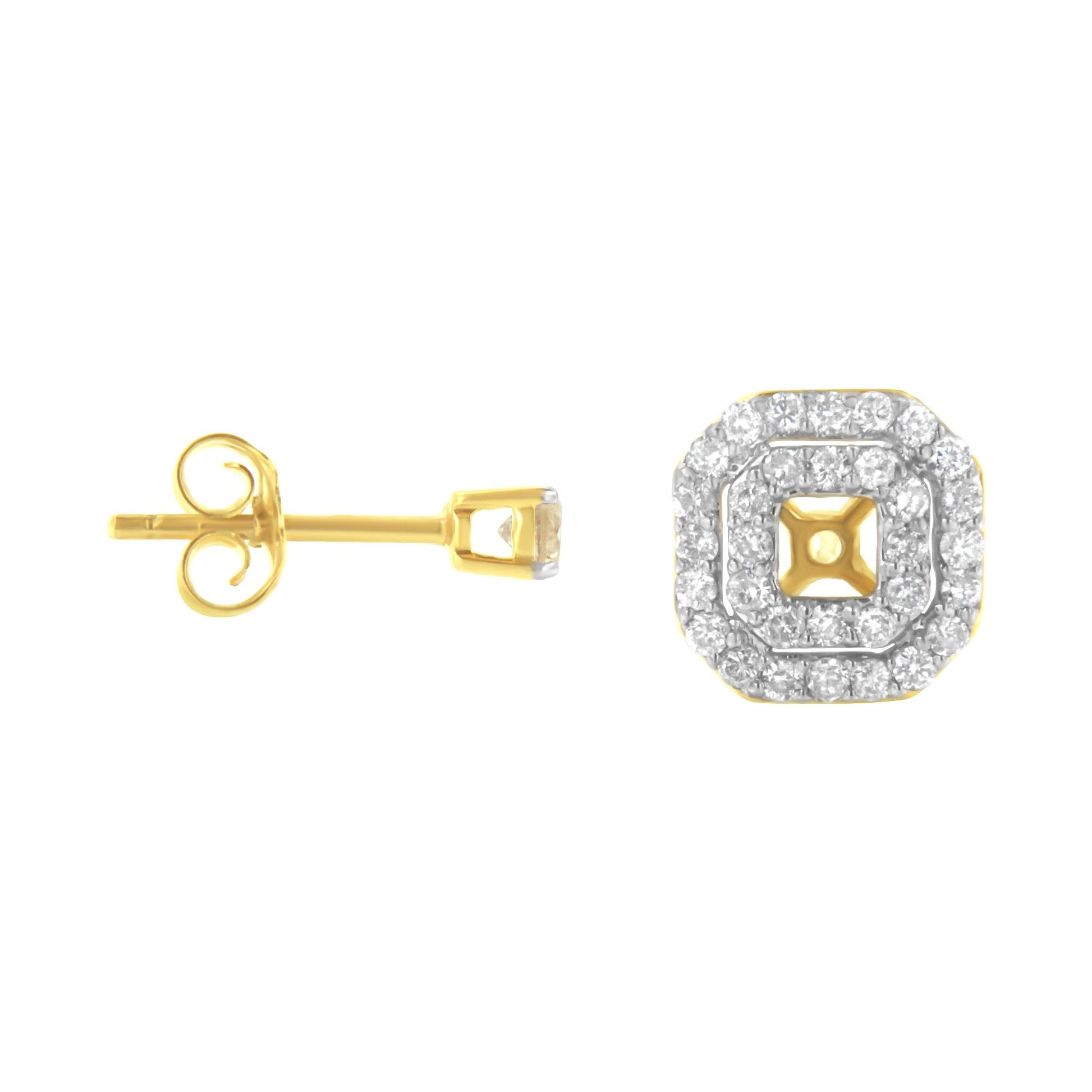 Yellow metal stud earrings with two round white gemstones in prong settings surrounded by multiple small round white gemstones in pave settings, shown from front and side angles.
