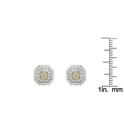 Front view of yellow metal stud earrings with two prong-set white round gemstones in the center surrounded by two rows of pave-set white round gemstones, shown on a ruler for size reference.