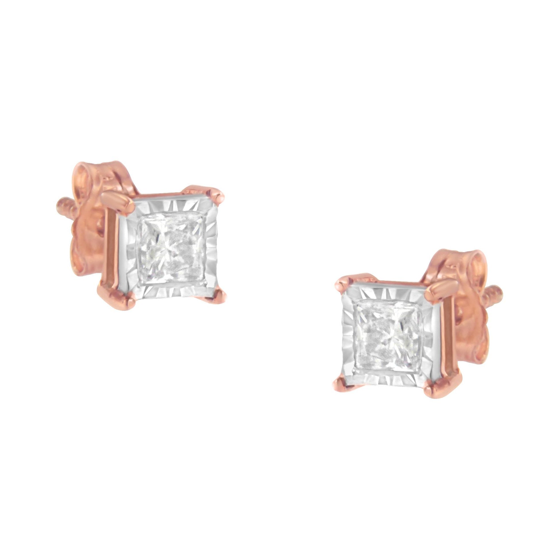 Pair of stud earrings with square white gemstones set in white and rose metal, shown from a slightly angled front view.