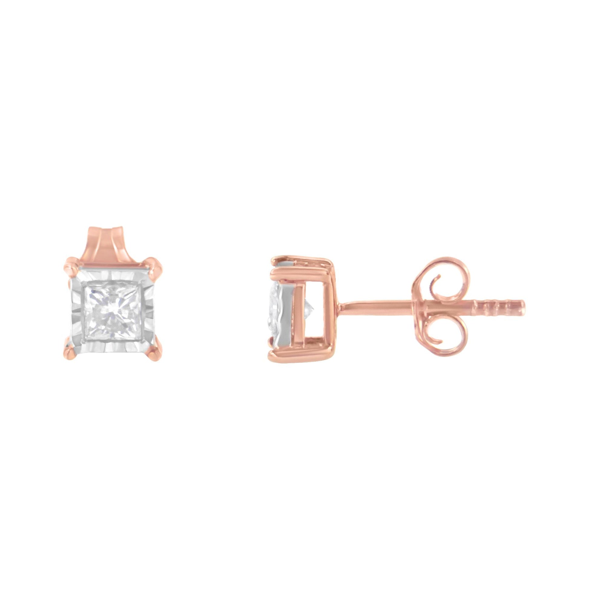 Front and side view of a stud earring with a princess-shaped white gemstone in a white and rose metal setting.
