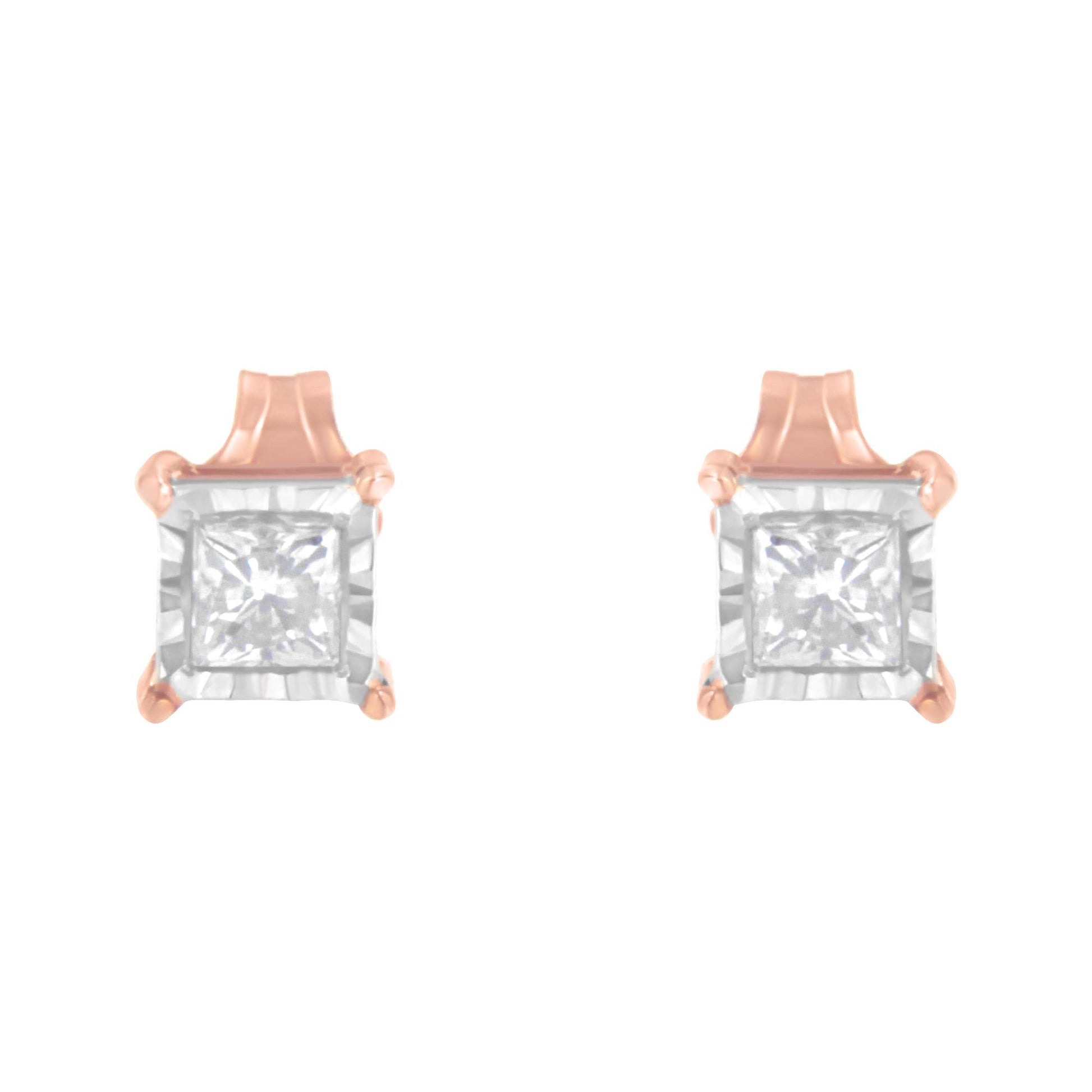 Front view of white and rose metal stud earrings featuring square white gemstones in a miracle setting.