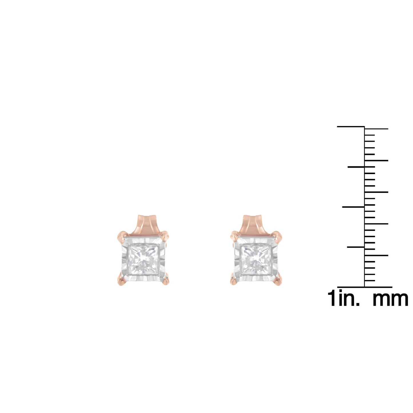 Front view of a pair of stud earrings with white and rose metal featuring square white gemstones, shown next to a ruler for size reference.