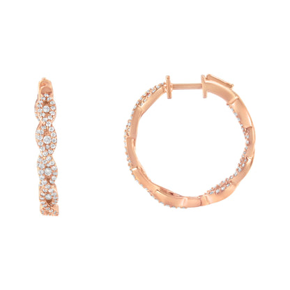 Rose metal hoop earrings with round white gemstones in prong settings, shown from front and side angles on a white background.
