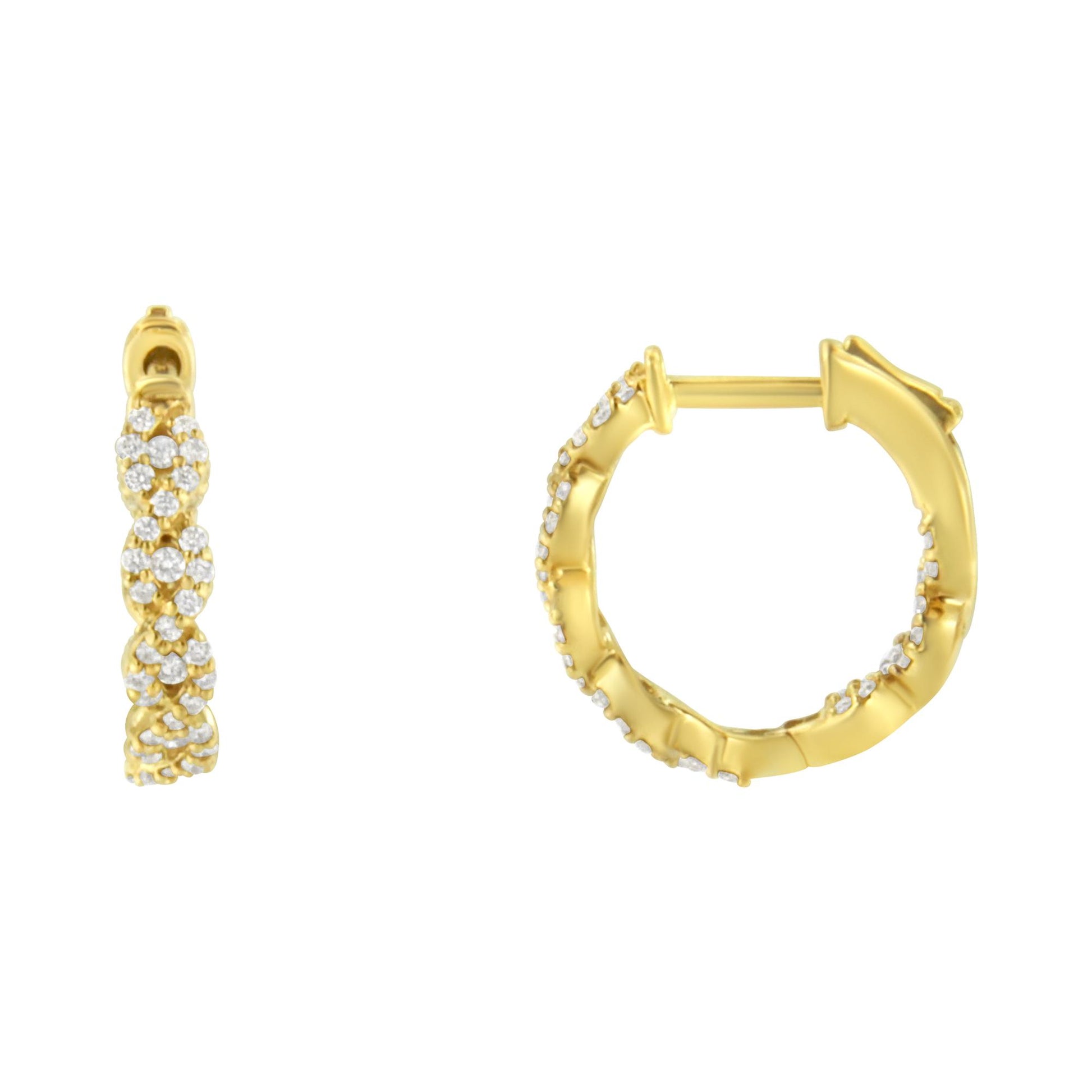 Yellow metal hoop earrings with round white gemstones in prong settings, shown from front and side angles.