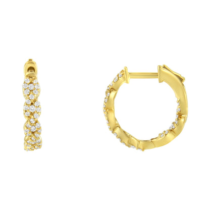 Yellow metal hoop earrings with round white gemstones in prong settings, shown from front and side angles.
