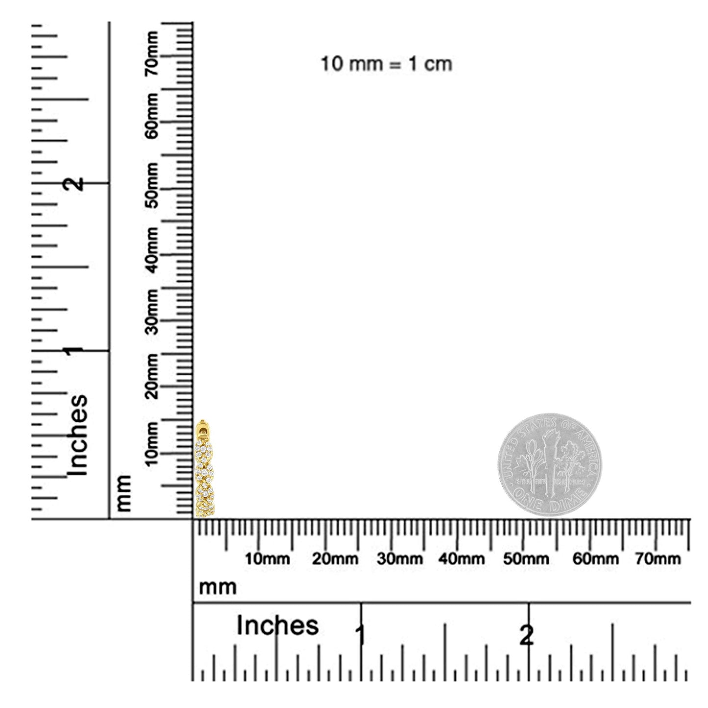 Close-up side angle of yellow metal earrings with round white gemstones in prong settings, shown on rulers for size reference.