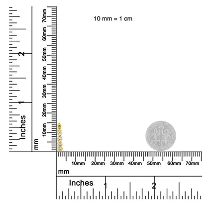 Close-up side angle of yellow metal earrings with round white gemstones in prong settings, shown on rulers for size reference.