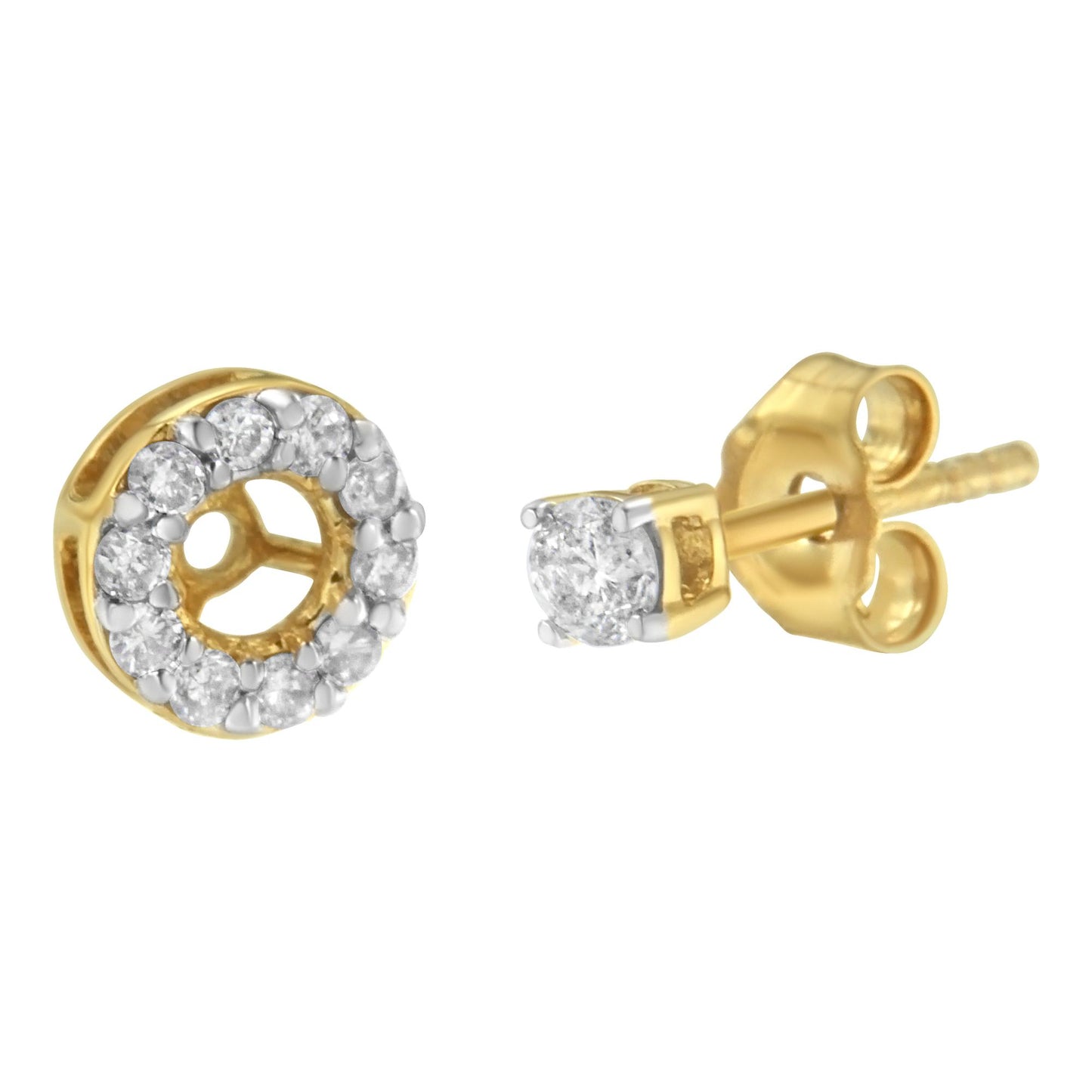 Pair of yellow metal stud earrings with round white gemstones in prong settings, shown from front and side angles.