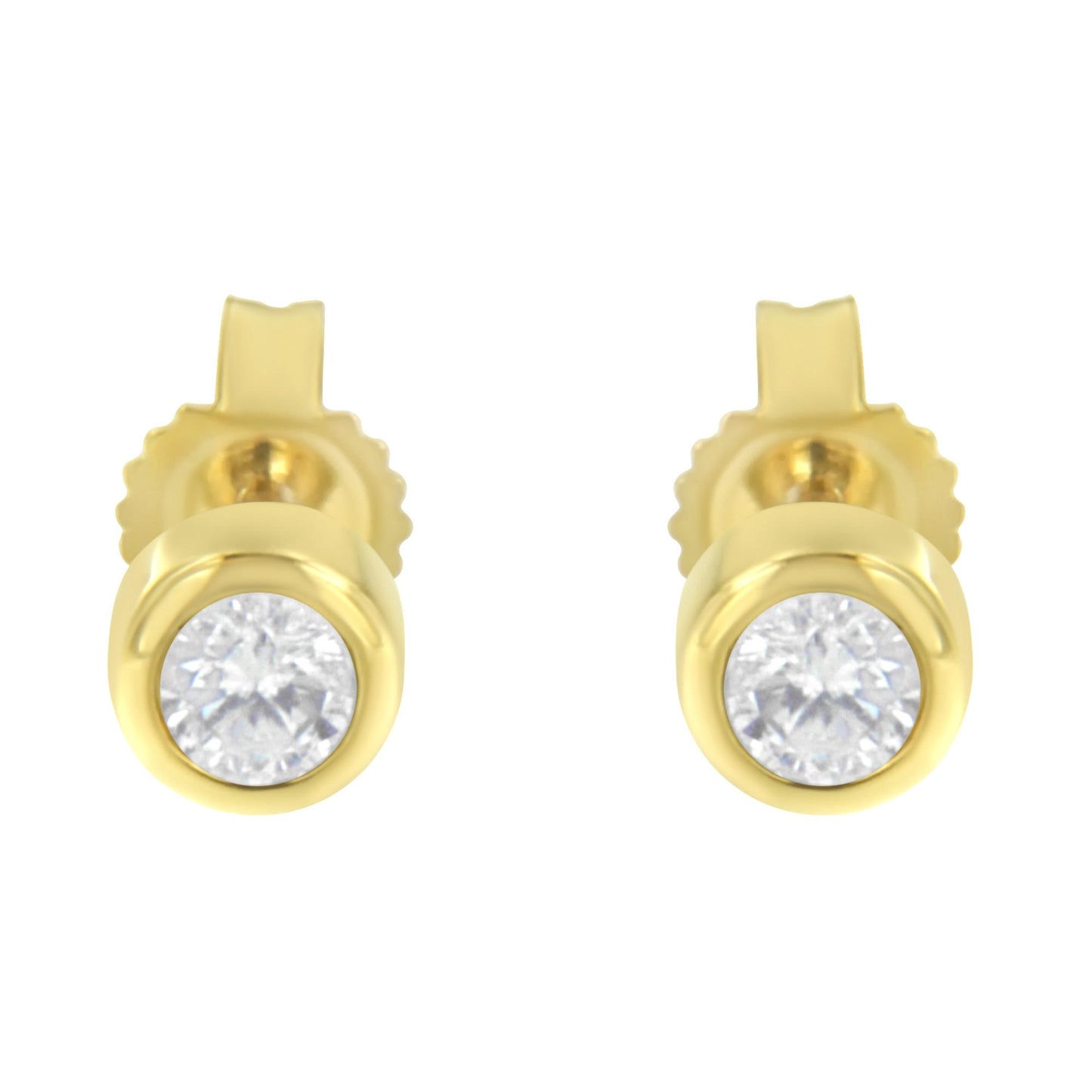 Front view of yellow metal stud earrings with round white gemstones in bezel settings.