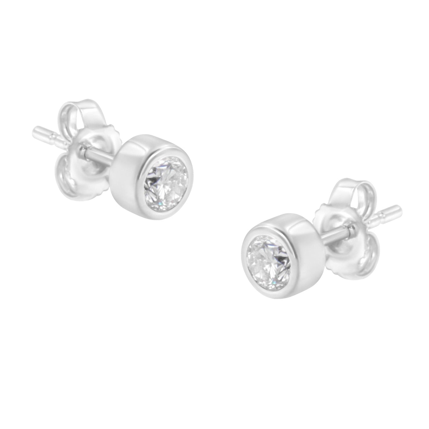Pair of white metal stud earrings with round white gemstones in bezel settings, shown from a slightly angled front view.