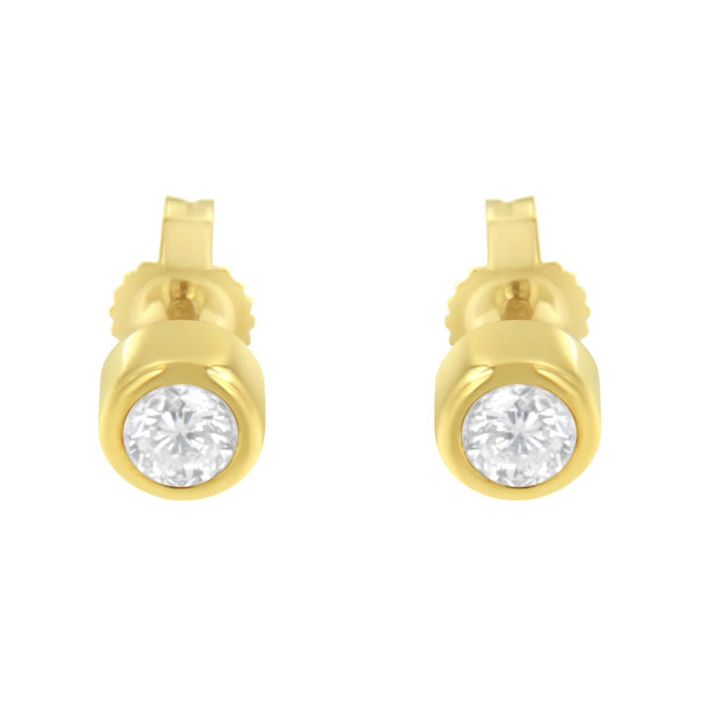 Front view of yellow metal stud earrings with round white gemstones in bezel settings.