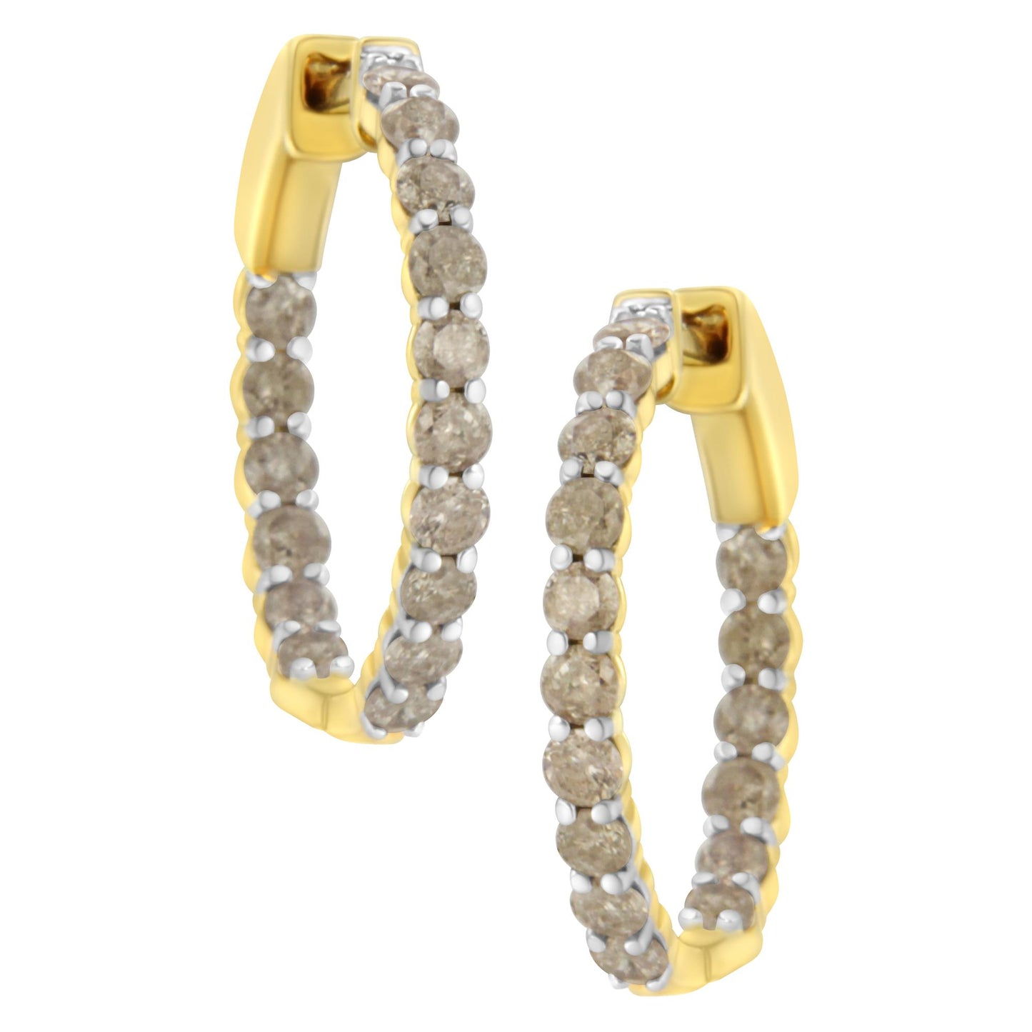 Pair of yellow metal hoop earrings set with round prong-set brownish gemstones, shown from an angled front view.
