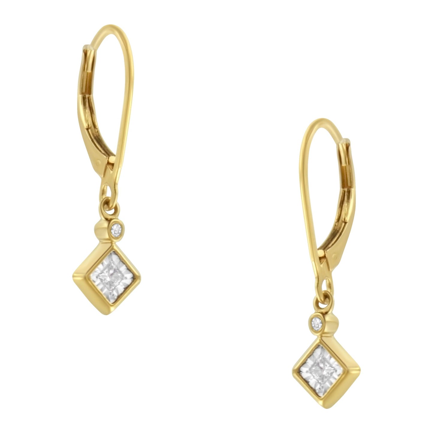 Front-facing view of a pair of yellow and white metal earrings featuring one princess-shaped white gemstone in a miracle setting and one round-shaped white gemstone in a bezel setting on each earring.