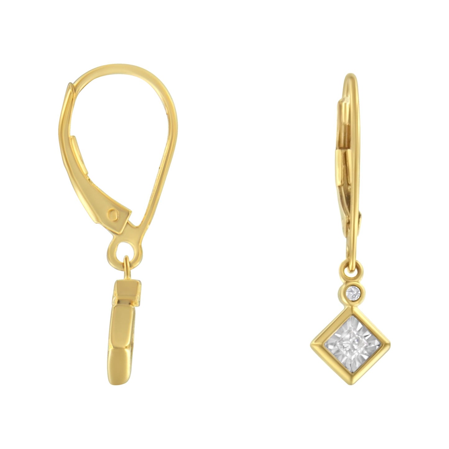 Front and side view of a pair of yellow and white metal drop earrings with a princess shape white gemstone in a miracle setting and a round shape white gemstone in a bezel setting.