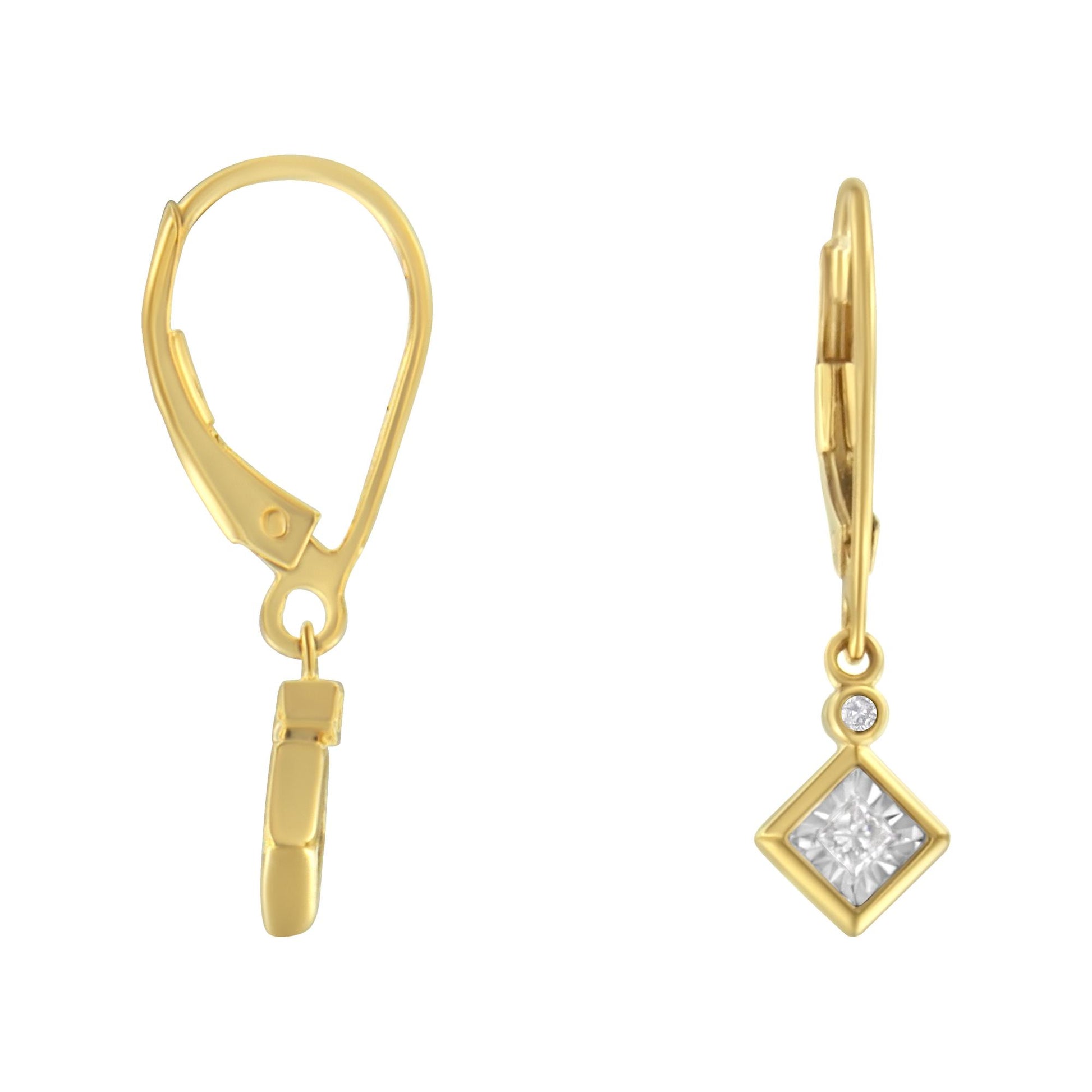 Front and side view of a pair of yellow and white metal drop earrings with a princess shape white gemstone in a miracle setting and a round shape white gemstone in a bezel setting.
