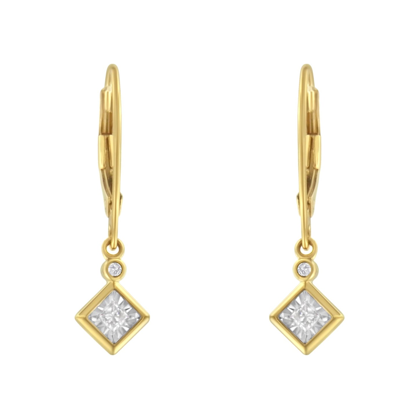 Front view of yellow and white metal drop earrings with a square white gemstone in a bezel setting and a smaller round white gemstone above it.