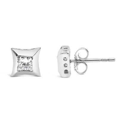 Front and side view of a white metal stud earring with a square bezel-set white gemstone, photographed on a white background.