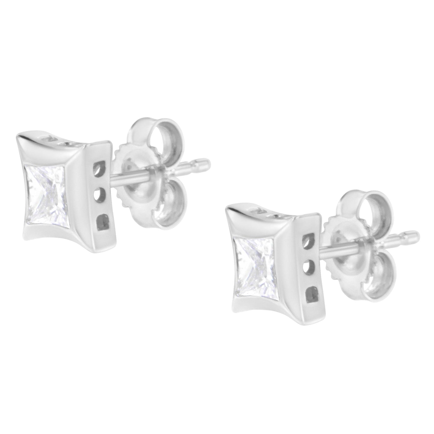 Pair of white metal stud earrings with bezel-set white princess-shaped gemstones, shown in a front-angle view.