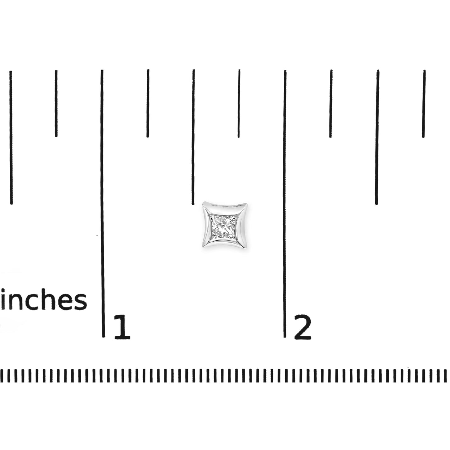 Close-up of a white metal princess-shaped bezel-set white gemstone earring on a ruler for size reference.