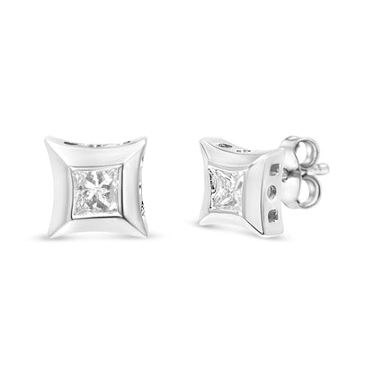Pair of white metal princess-shaped stud earrings with channel-set white gemstones, shown from front and side angles.