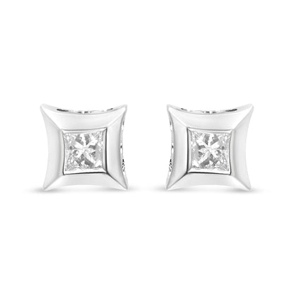 Front view of a pair of square shaped white metal earrings each with a princess-cut white gemstone in a channel setting.