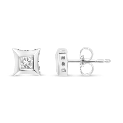 Front and side views of white metal stud earrings with princess-shaped white gemstones in a channel setting.
