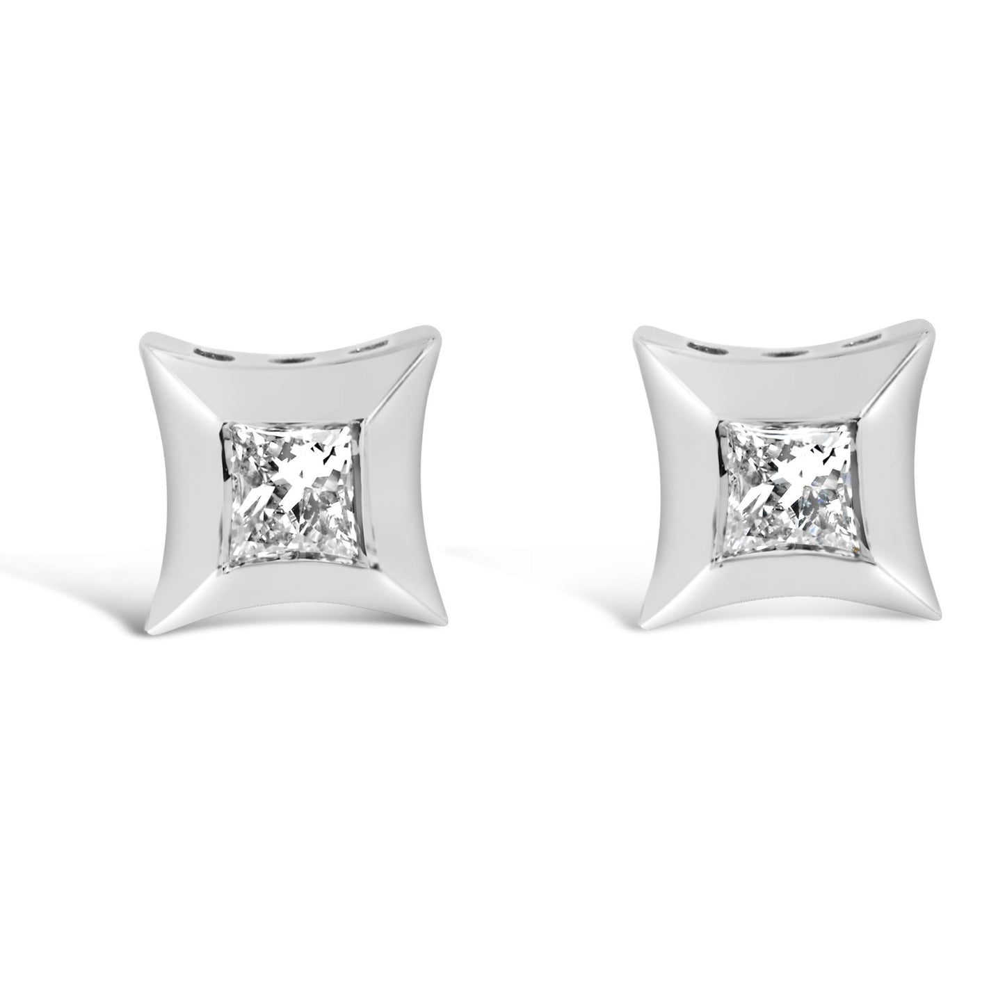 Front view of a pair of white metal square-shaped earrings each featuring a white princess-cut gemstone in an invisible setting.