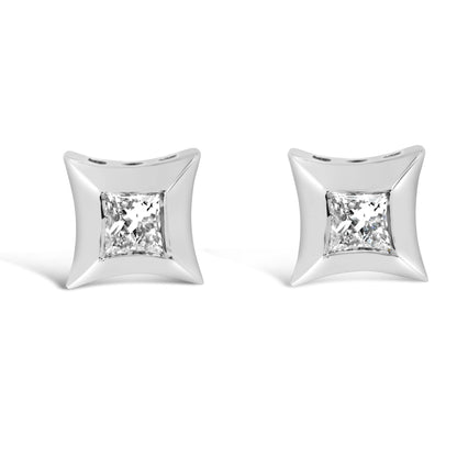 Front view of a pair of white metal square-shaped earrings each featuring a white princess-cut gemstone in an invisible setting.