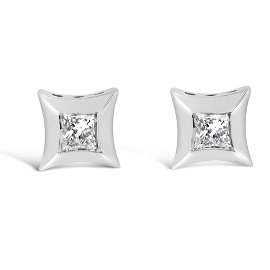 Front view of a pair of white metal square-shaped earrings each featuring a white princess-cut gemstone in an invisible setting.