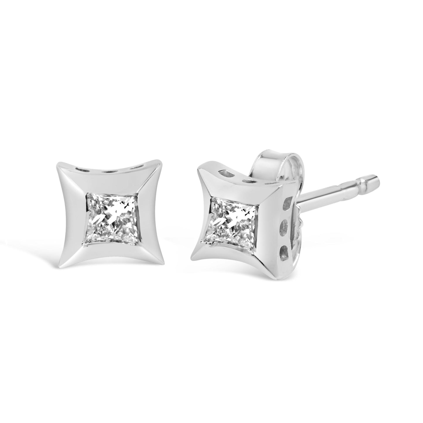 Pair of white metal stud earrings with princess-shaped white gemstones in an invisible setting, shown from a front and side angle on a white background.