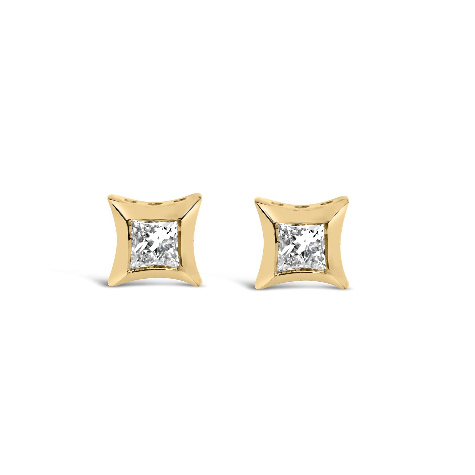 Front view of yellow metal stud earrings featuring white square-shaped gemstones in invisible settings.