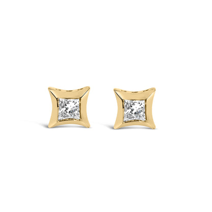 Front view of yellow metal stud earrings featuring white square-shaped gemstones in invisible settings.