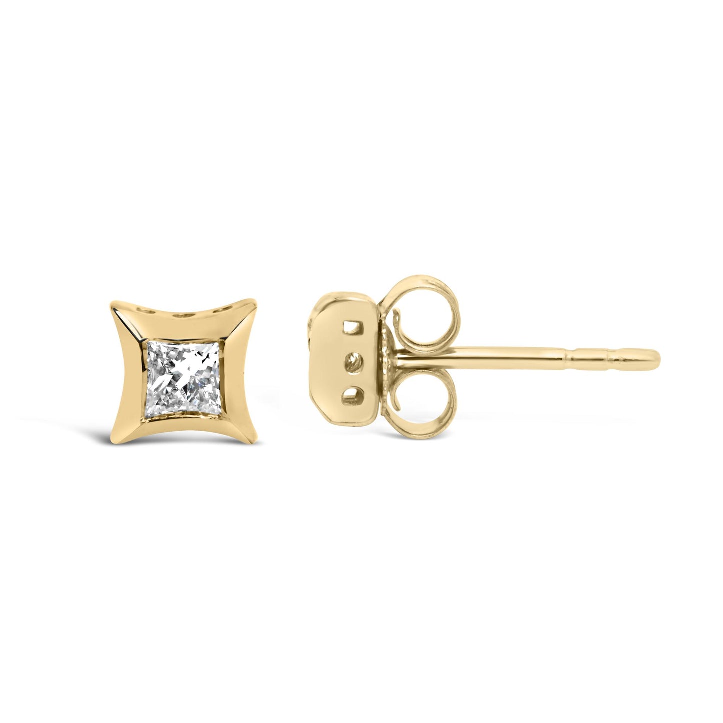 Front and side view of yellow metal stud earrings with square-shaped white gemstones in invisible settings.