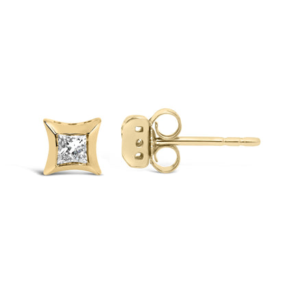 Front and side view of yellow metal stud earrings with square-shaped white gemstones in invisible settings.