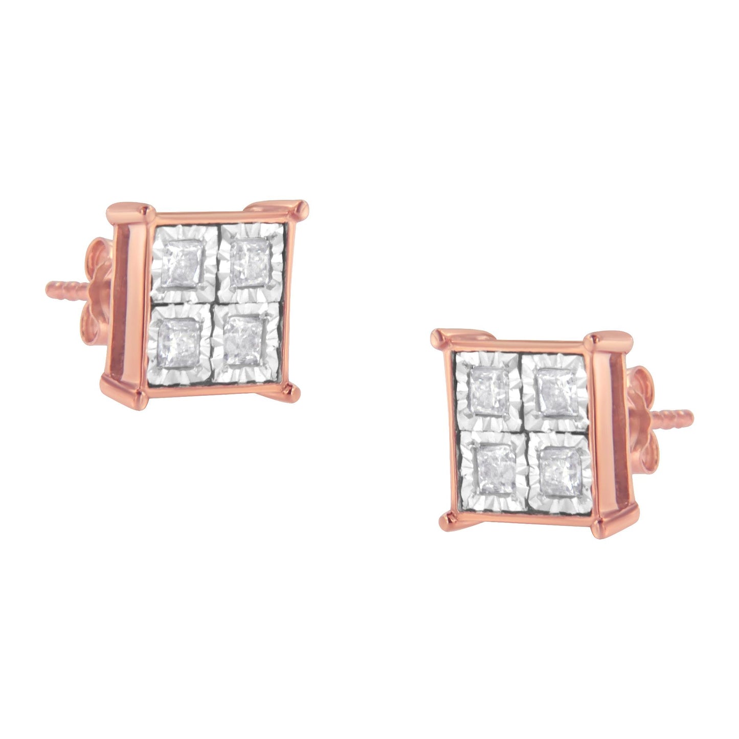 Pair of rose metal square stud earrings with clusters of white square-shaped gemstones, front angled view.