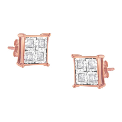 Pair of rose metal square stud earrings with clusters of white square-shaped gemstones, front angled view.