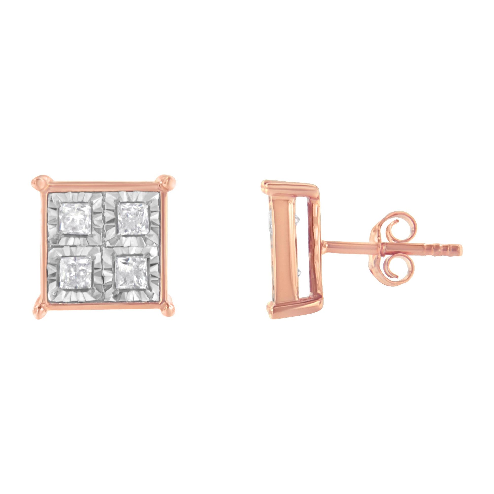 Front and side view of square rose metal stud earrings with white princess shape gemstones in a miracle setting.