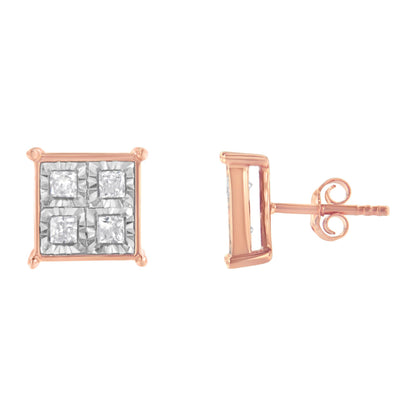 Front and side view of square rose metal stud earrings with white princess shape gemstones in a miracle setting.