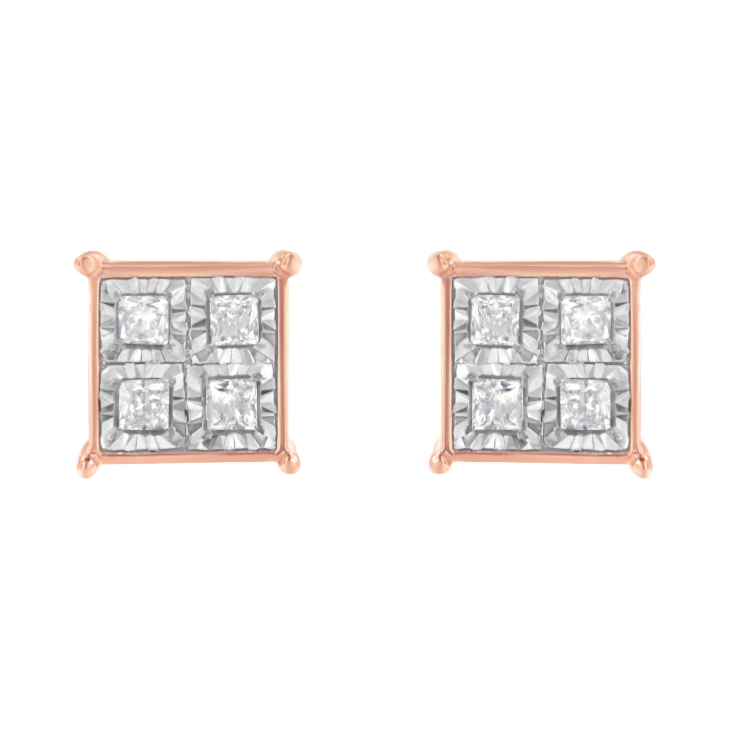 Pair of rose metal square stud earrings with white princess shape gemstones in miracle settings, front view.