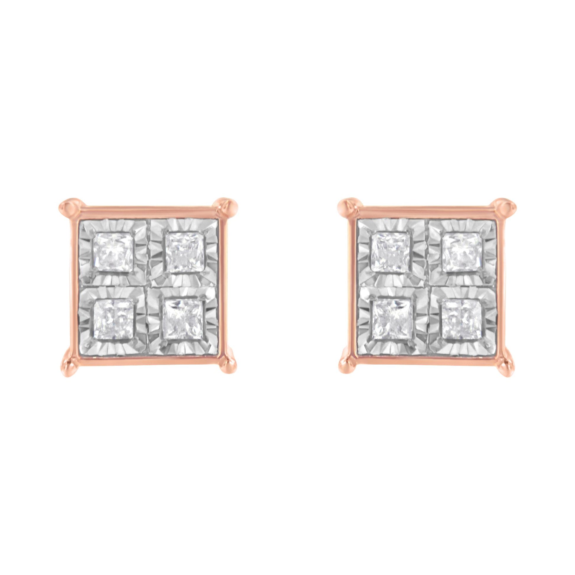 Pair of rose metal square stud earrings with white princess shape gemstones in miracle settings, front view.