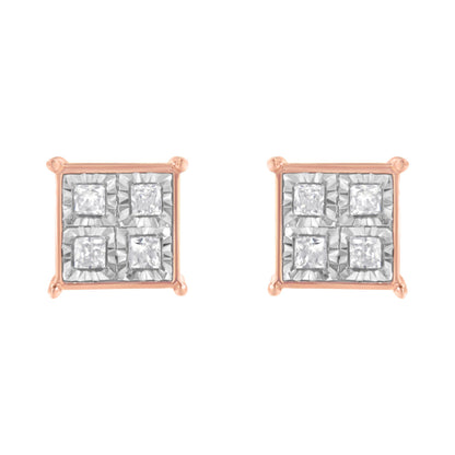 Pair of rose metal square stud earrings with white princess shape gemstones in miracle settings, front view.