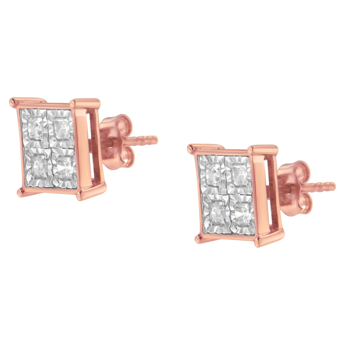Pair of rose metal square stud earrings with white princess-shaped gemstones in miracle setting, front angle.